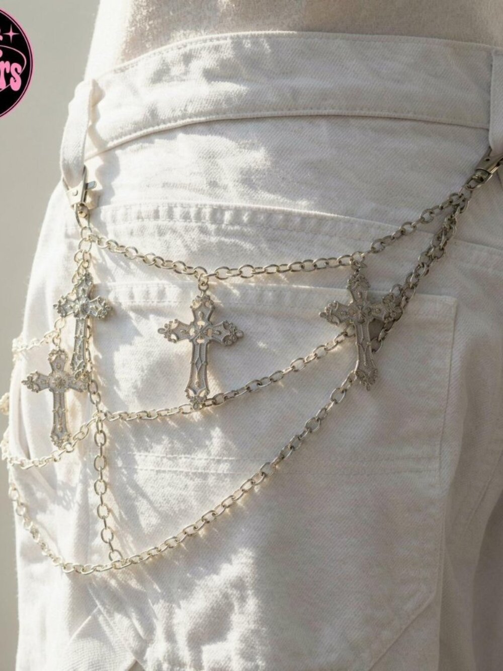 Y2k 2000s style Silver chain belt with cross charms